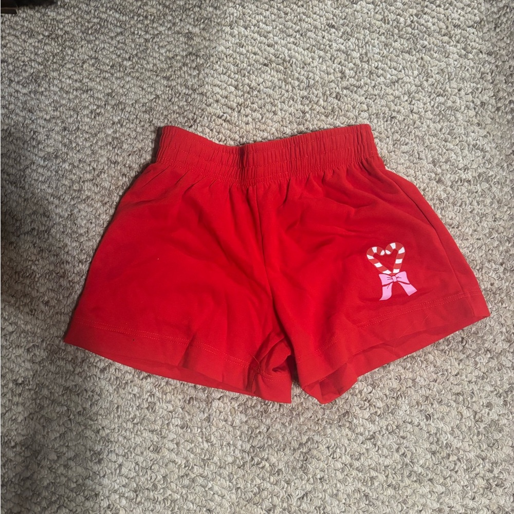 Red Cotton Elastic Waist Shorts with Candy Heart Detail